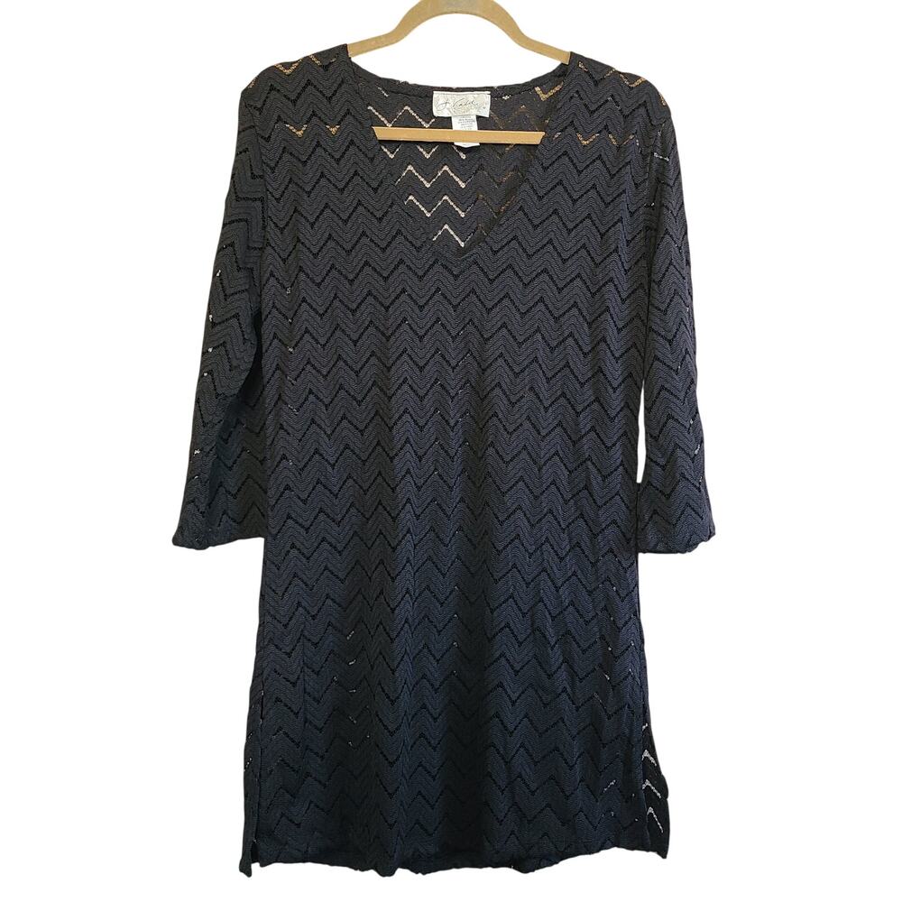 VTG J Valdi Sheer Boho Tunic Mini Dress Women M USA Black Lace Swimsuit Coverup